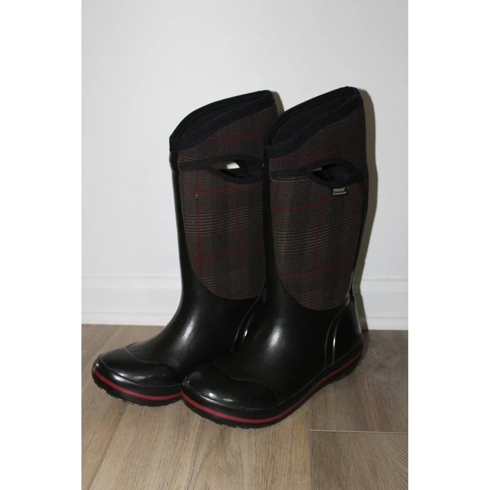 Bogs Prince of Wales Plaid Waterproof Rain Boots Black Grey Red Wellies Womens 8